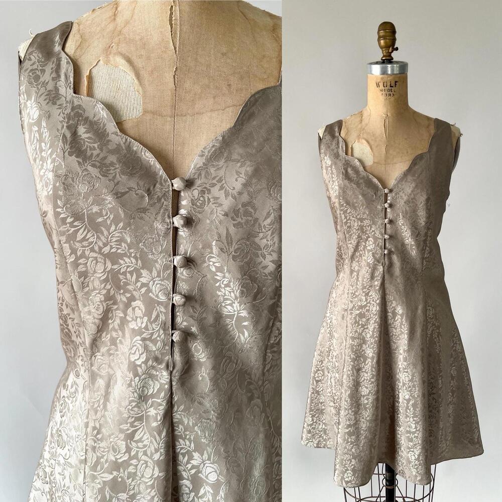 Vintage 1990s Erika Taylor Intimates Gold Satin Jacquard Mini Slip Dress Nightie